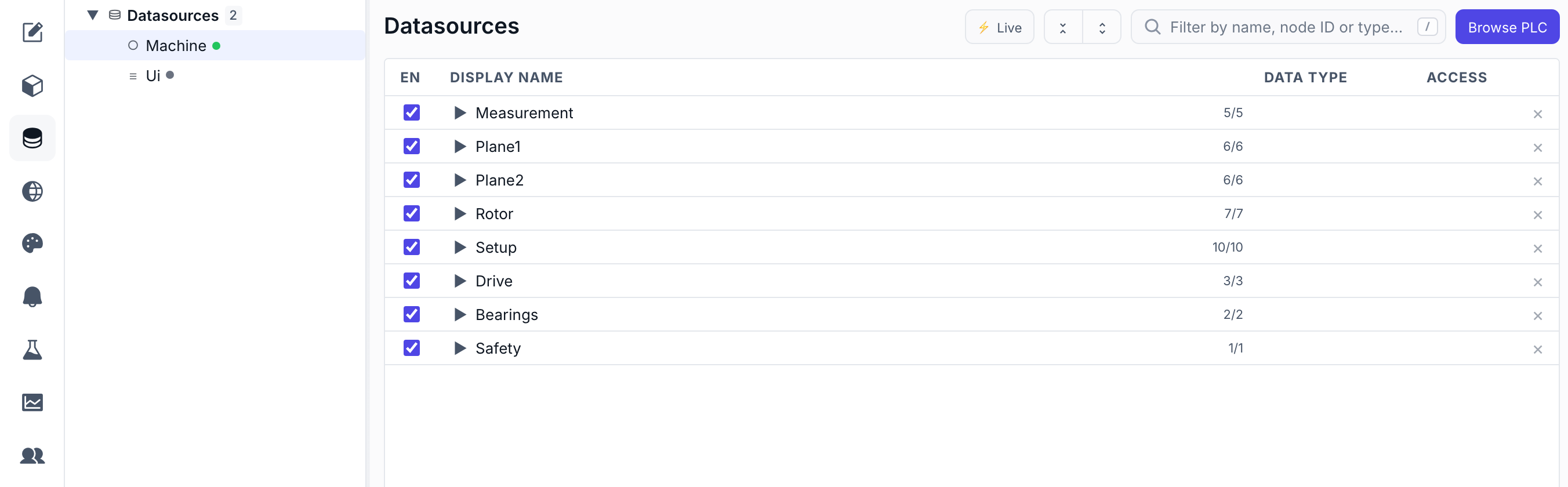 The datasource browser: every folder and tag under a connection, with per-variable enable checkboxes, data types and access.