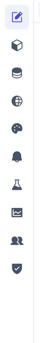 The editor's left rail: one icon per config area — pages, components, datasources, translations, themes, alarms, recipes, historian, users and admin.