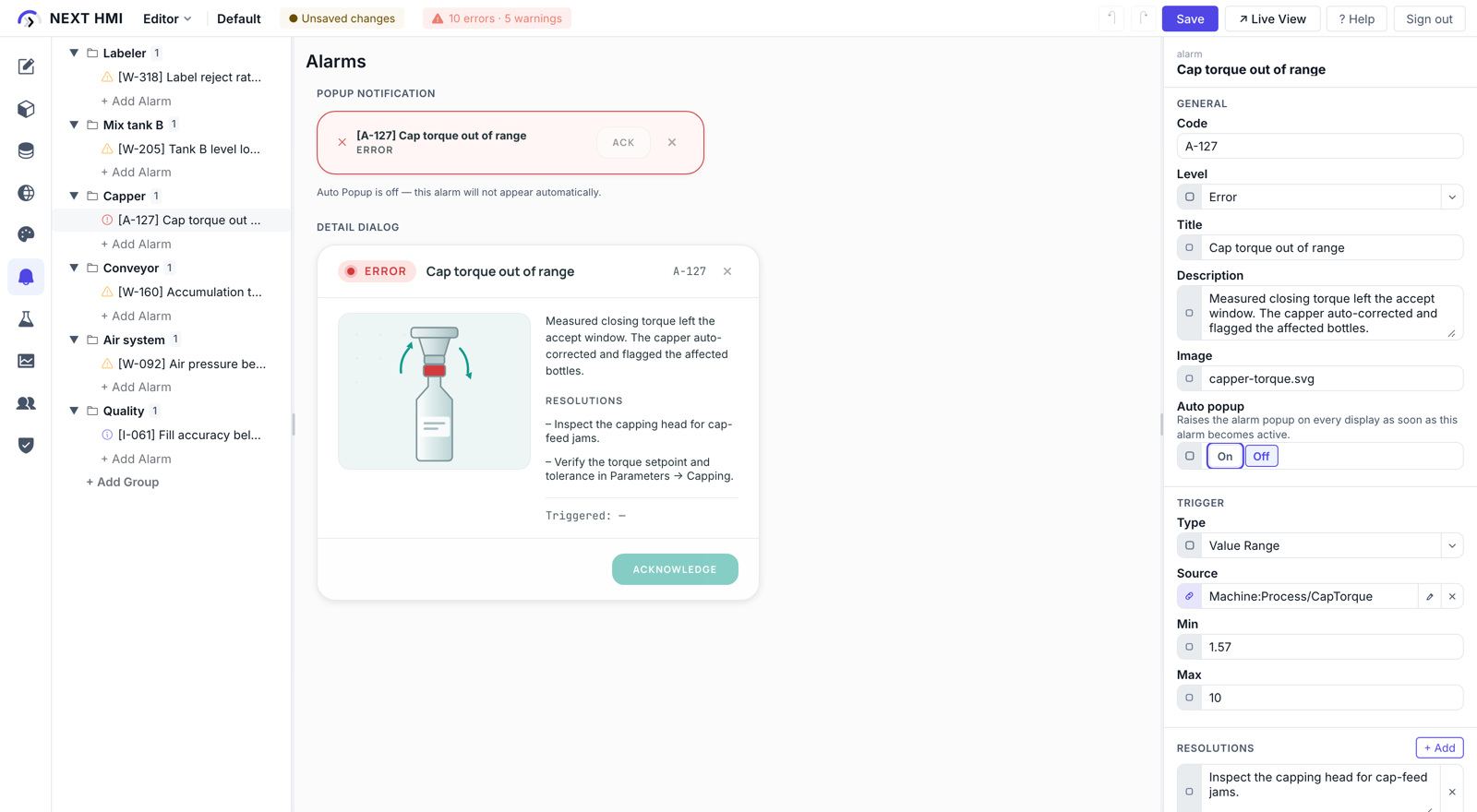 The alarm editor: an alarm tree on the left, the live popup and detail-dialog preview in the centre, and the property panel on the right carrying the alarm code, severity, trigger condition, description and the numbered resolutions.
