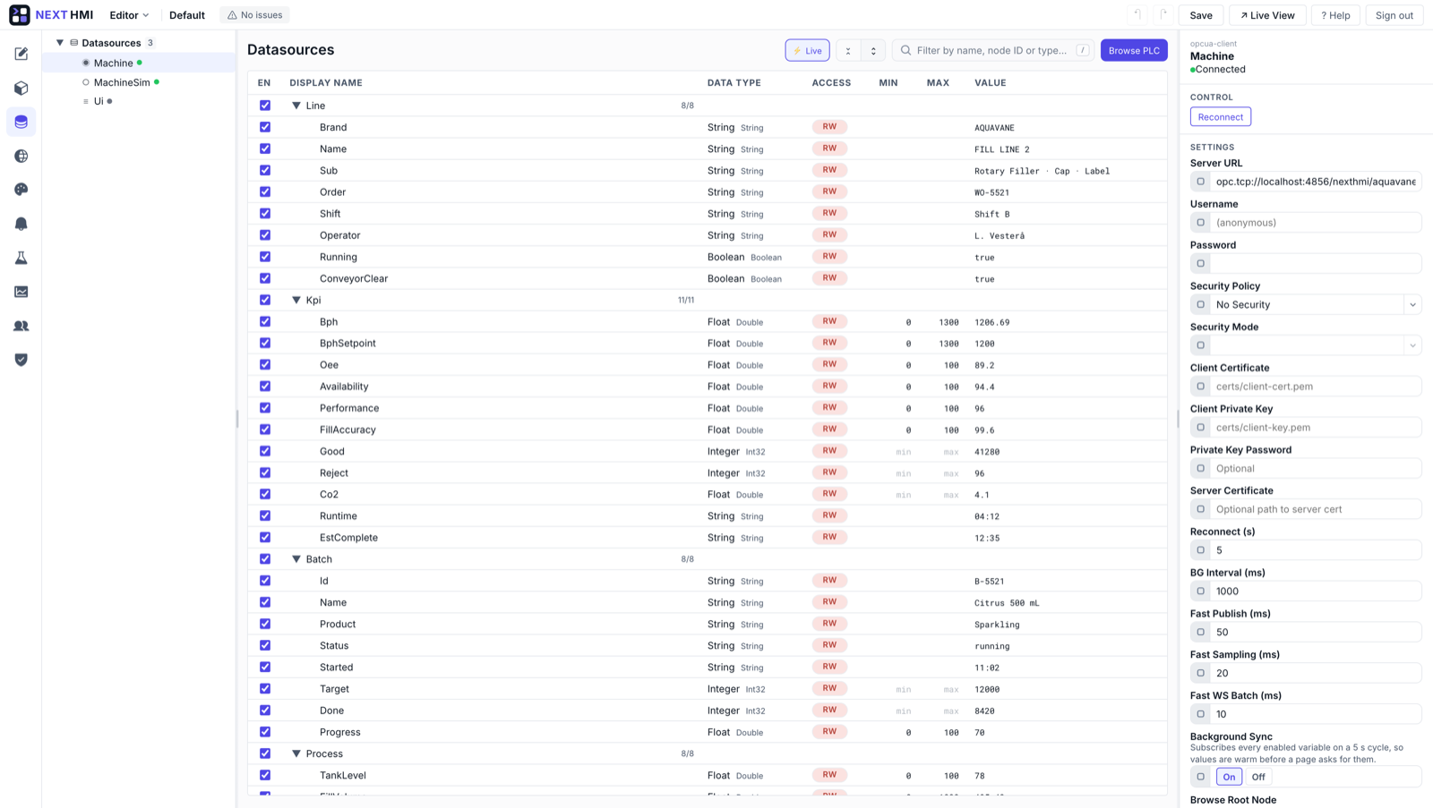 The OPC-UA datasource settings in the editor: endpoint, security and connection state.