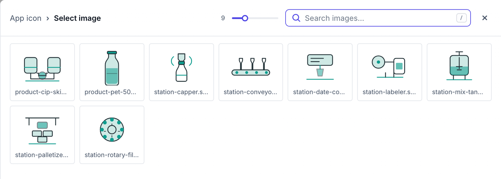 The image picker showing a grid of project SVGs — a CIP skid, a PET bottle, and station glyphs for capper, conveyor, date coder, labeler, mix tank, palletizer and rotary filler — with a search box and a preview-size slider.