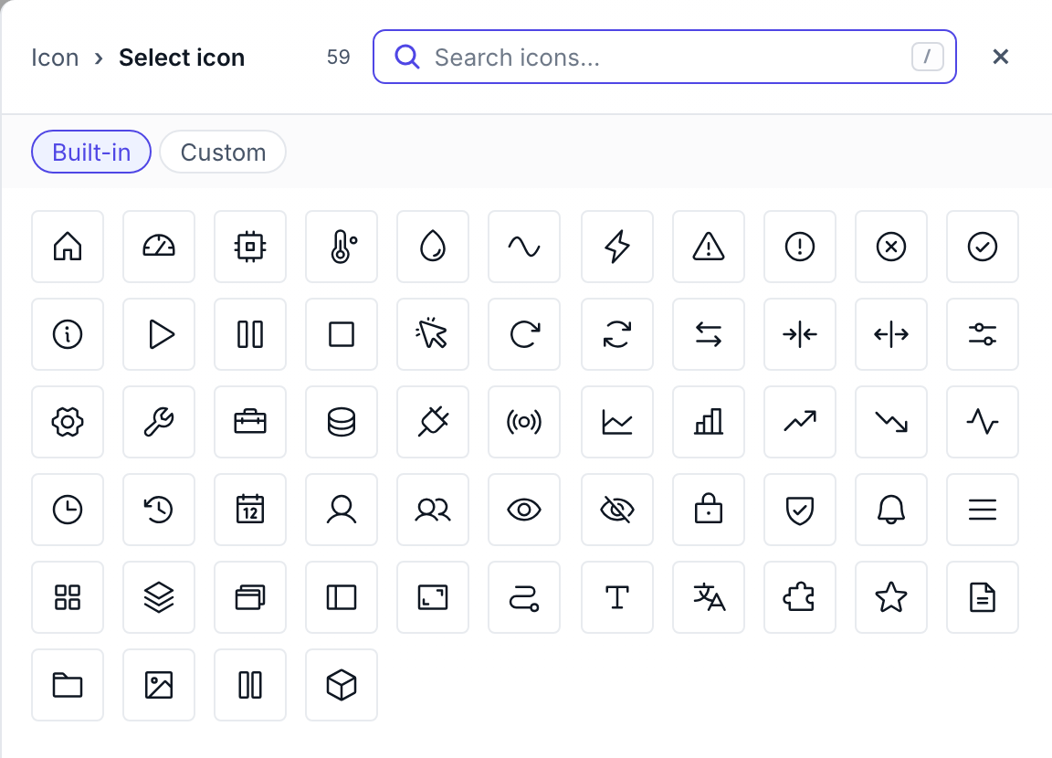 The icon picker showing a grid of 59 built-in line icons — home, gauge, chip, thermometer, droplet, wave, bolt, warning, play, gear, wrench, database, chart, clock, user, eye, lock, bell and more — with Built-in and Custom tabs and a search box.