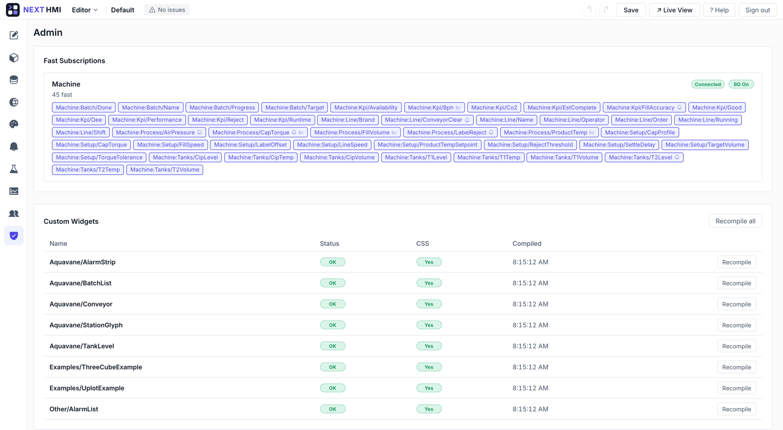 The Admin page: a Fast Subscriptions card for the Machine datasource marked Connected and BG On, listing 45 tags currently on the fast subscription as individual chips; below it a Custom Widgets table with one row per project widget showing an OK status, whether it has CSS, the compile timestamp and a per-widget Recompile button.
